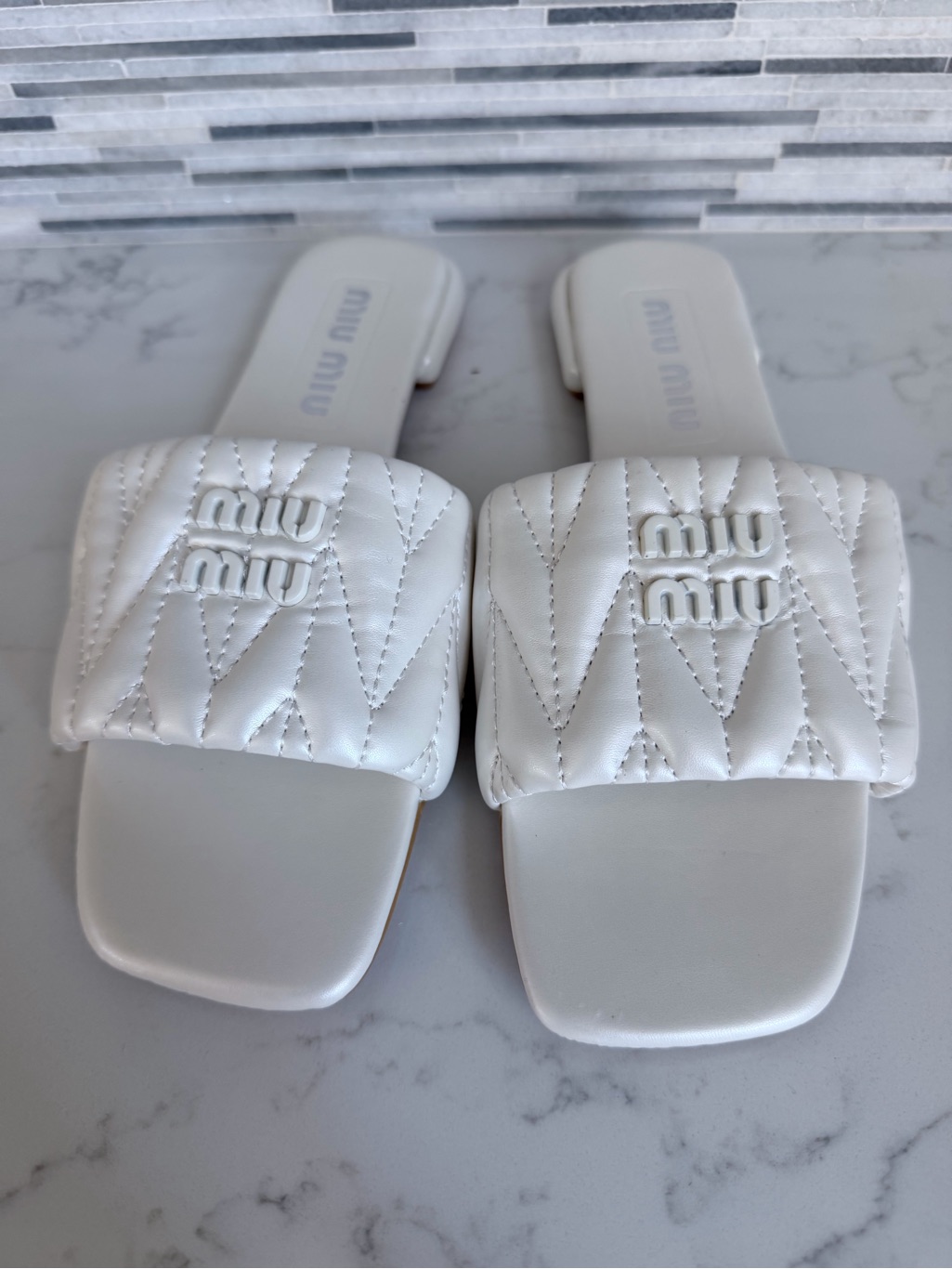Miu Miu Pearl White Quilted Leather Slide Sandals Size 8